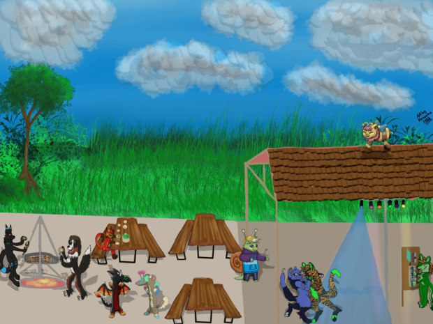 Kunstreiche Darstellung von Fursonas bei einer Grillparty.