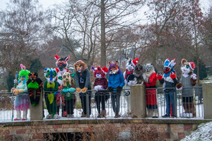 Gruppenfoto mehrerer Fursuiter im Winter am Geländer einer Brücke über den Bach Isenach im Kurpark.