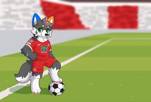 Eine Zeichnung von Blizzard dem Wolf im Trikot des 1. FCK auf einem Fußballplatz mit einem Ball unter seiner linken Pfote.
