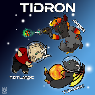 Eine Zeichnung von Tidruns Fursonas Tzitlatoc, Amber und Tumaroc, jeweils mit ihrem Namen.
